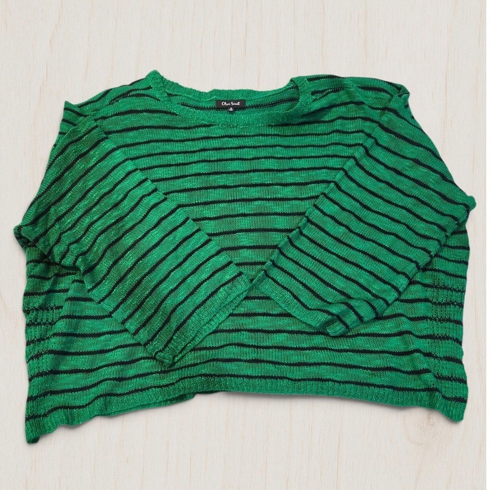Olive Scent Green Black Striped Knit Sweater Womens Small Boxy Cropped Layering